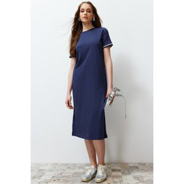 Trendyol Navy Blue Knitwear Band Detailed Crew Neck Short Sleeve Flexible Midi Knitted Maxi Dress
