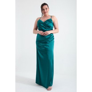 Lafaba Women's Emerald Green Decollete Long Plus Size Evening Dress with Slit