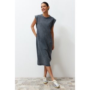 Trendyol Anthracite Faded Effect 100% Cotton Moon Sleeve Shift/Relaxed Cut Midi Knitted Midi Dress