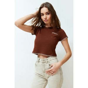 Trendyol Brown 100% Cotton Stitch Detail Regular Crop Knitted T-Shirt