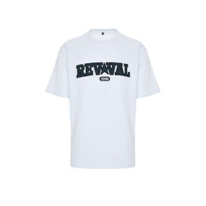 Trendyol White Relaxed/Casual Fit Text Embroidery Appliqué 100% Cotton Short Sleeve T-Shirt