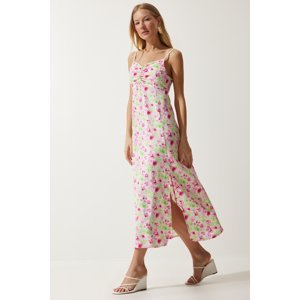 Happiness İstanbul Women's Green Pink Strap Patterned Viscose Dress