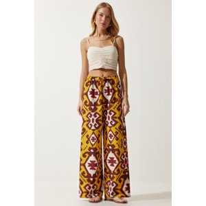 Happiness İstanbul Women's Mustard Patterned Raw Linen Palazzo Trousers