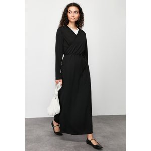 Trendyol Black Double-breasted Collar Belted Plain Knitted Prayer Dress