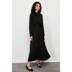 Trendyol Black Stand Collar Straight Belted Knitted Dress