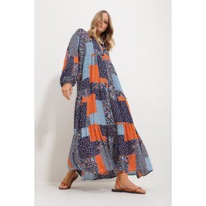 Trend Alaçatı Stili Dámske modro-oranžové veľké golierové šaty s maxi dĺžkou a vzorom šálu