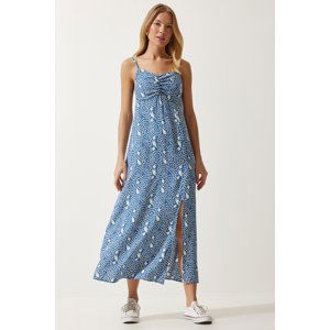 Happiness İstanbul Women's Indigo Blue Strap Patterned Viscose Dress