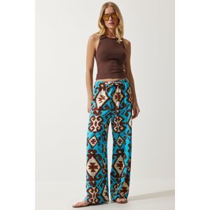 Happiness İstanbul Women's Turquoise Patterned Raw Linen Palazzo Trousers