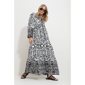 Trend Alaçatı Stili Women's Black Big Collar Shawl Patterned Maxi Length Dress