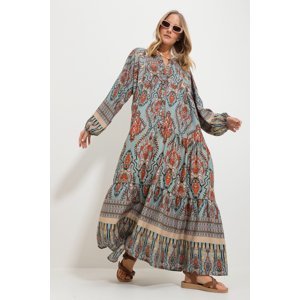 Trend Alaçatı Stili Women's Khaki Judge Collar Shawl Patterned Maxi Length Dress