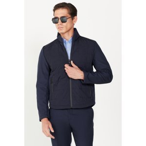 ALTINYILDIZ CLASSICS Men's Navy Blue Standard Fit, Normal Cut, Standing Collar Patterned Coat.