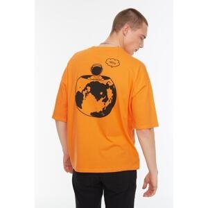 Trendyol Orange Oversize/Wide-Fit Crew Neck Space Printed 100% Cotton T-Shirt