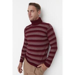 Trendyol Men's Burgundy Fitted Slim Fit Turtleneck Striped Knitwear Sweater