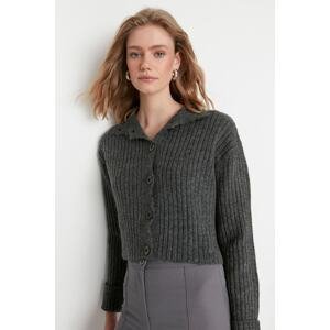 Trendyol Anthracite Crop Soft Textured Stand-Up Collar Knitwear Cardigan
