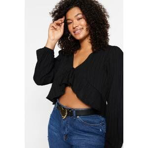 Trendyol Curve Black V Neck Flounce Crop Woven Blouse