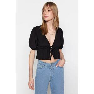 Trendyol Black Tie Detailed Balloon Sleeve Crop Knitted Blouse