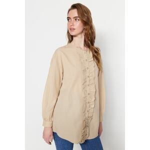 Trendyol Beige Frilly Front Woven Cotton Shirt