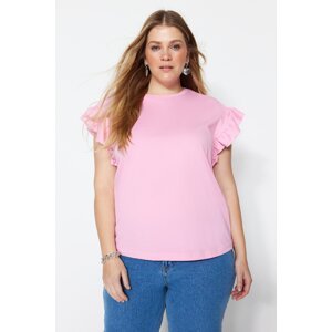 Trendyol Curve Pink Crew Neck Sleeve Ruffle Knitted T-Shirt