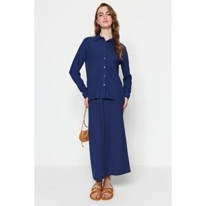 Trendyol Navy Blue Crinkle Look Tunic-Skirt Knitted Suit