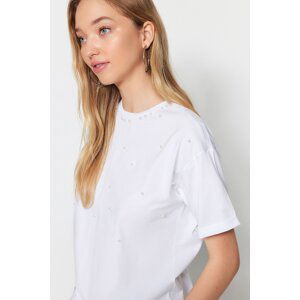 Trendyol White Half Sleeve Knitted Pearl Detailed T-shirt