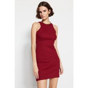 Trendyol Burgundy Barbell Neck Body Fitted Ribbed Flexible Mini Knitted Dress