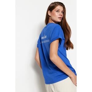 Trendyol Blue 100% Cotton Front and Back Slogan Printed Boyfriend Fit Crew Neck Knitted T-Shirt