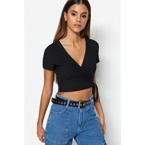 Trendyol Black Tie Detailed Fitted Double Breasted Crop Ribbed Stretchy Knitted Blouse