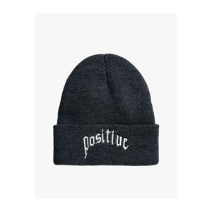 Koton Basic Knit Beanie Hat with Slogan Embroidered Fold Detail.