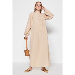 Trendyol Beige Front Gathered Detailed Balloon Sleeve Half Pat Cotton Woven Dress