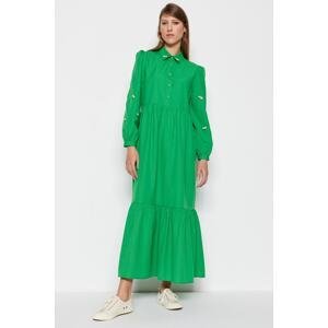 Trendyol Green Embroidery Detail Half Pat Cotton Woven Dress