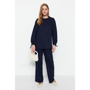 Trendyol Navy Blue Ribbed Stitched Woven Crepe Tunic-Pants Suit