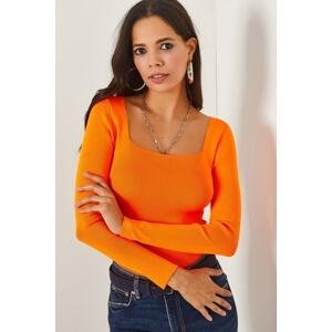 Olalook Women's Orange Square Neck Crop Basic Knitwear Blouse