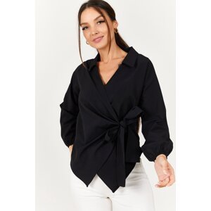 armonika Women's Black Collared Double Breasted Blouse