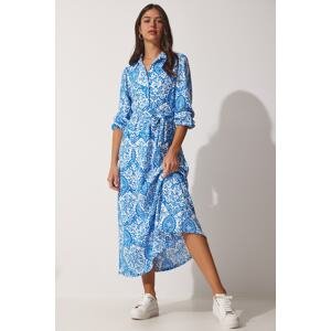 Happiness İstanbul Women's Blue Patterned Long Summer Knitted Shirt Dress