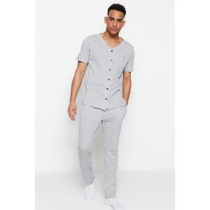 Trendyol Men's Gray Regular Fit Buttoned Collar Striped Pajamas Set