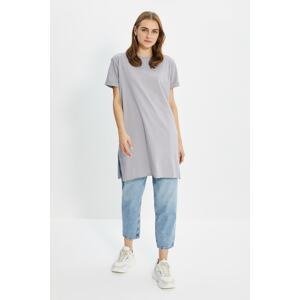 Trendyol Gray 100% Cotton Basic Short Sleeves Slit Single Jersey T-Shirt