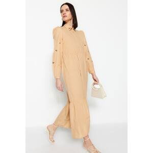 Trendyol Camel Embroidery Detail Half Pat Cotton Woven Dress