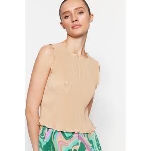 Trendyol Mink Pleated Crop Knitted Blouse