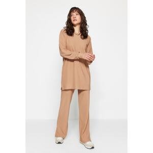 Trendyol Camel Crew Neck Tunic-Pants Knitted Suit