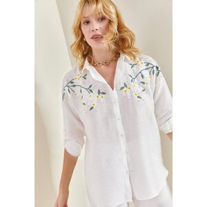 Bianco Lucci Women's Daisy Embroidered Sleeve Fold Ayrobin Linen Shirt