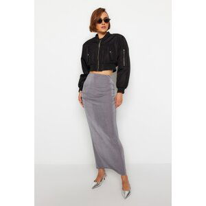 Trendyol Gray Premium with a Glossy Finish and Soft Textured Drape Maxi Knitted Skirt