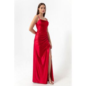 Lafaba Women's Red Underwire Corset Detailed Long Slit Evening Dress.