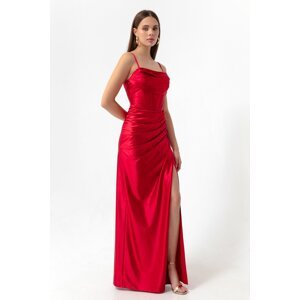 Lafaba Women's Red Underwire Corset Detailed Slit Long Evening Dress