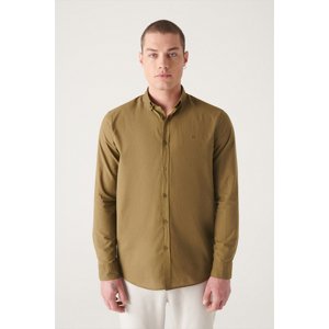 Avva Men's Khaki 100% Cotton Thin Soft Button Collar Long Sleeve Standard Fit Regular Fit Shirt