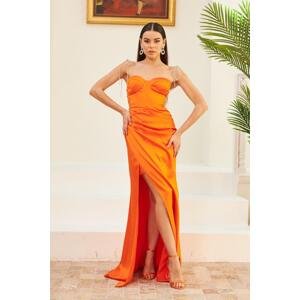 Carmen Orange Satin Tie Long Evening Dress and Invitation Dress.