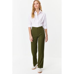 Trendyol Khaki Straight/Straight Fit High Waist Ribbed Stitched Woven Trousers