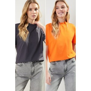 Trendyol Anthracite-Orange 2-Pack Basic High Neck Knitted T-Shirt