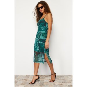 Trendyol Emerald Green Strap Fitted Square Neck Tulle Knitted Midi Dress