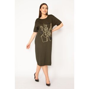 Şans Women's Plus Size Khaki Dress With Embroidery And Sequin Detail