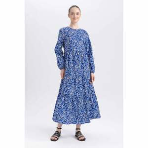 DEFACTO Crew Neck Printed Poplin Long Sleeve Dress